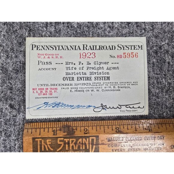 Vintage 1923 Pennsylvania Railroad System Pass No. HD5956 For Mrs. F.E. Clymer W - Picture 2 of 4